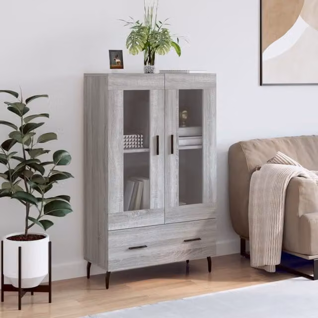 Berkfield Home Grey Sonoma Modern Highboard with Glass Doors, W/D/H: 69.5 x 31 x 115 cm