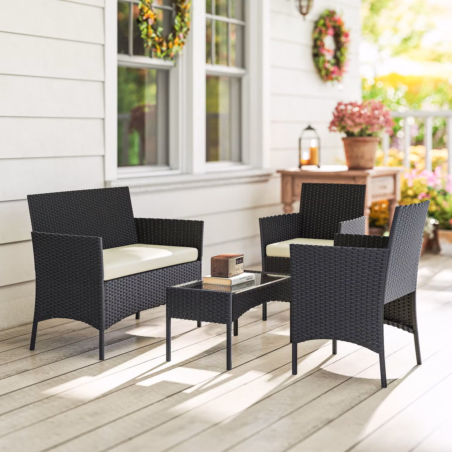 Outsunny 4 Piece Rattan Garden Furniture Set in White with 2 Seater Sofa, Armchairs, Glass Top Coffee Table and Cushions – 6