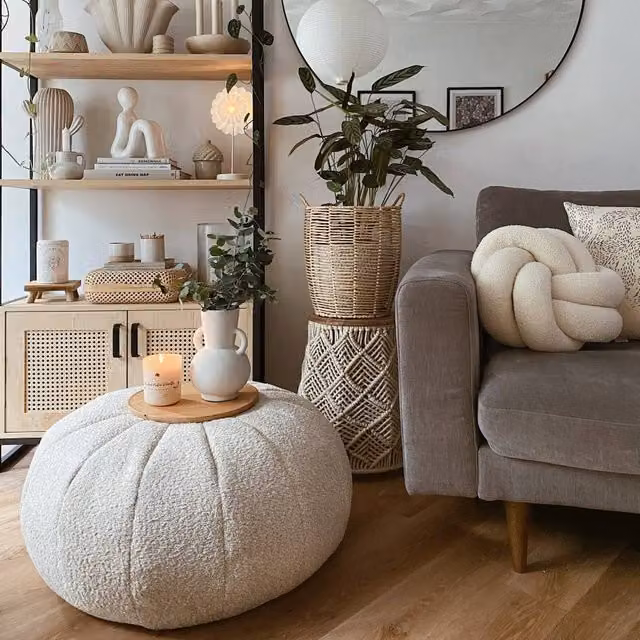 rucomfy Indoor Snug Pouffe Bean Bag Footstool in Cream Bouclé Fabric