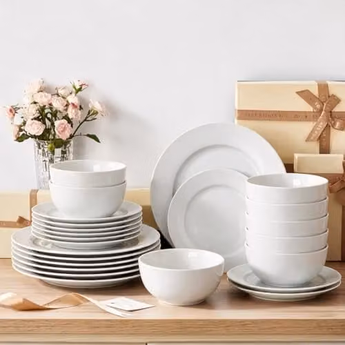 Waterside 24-piece White Rim Porcelain Dinner Set with Dinner Plates, Side Plates and Deep Bowls