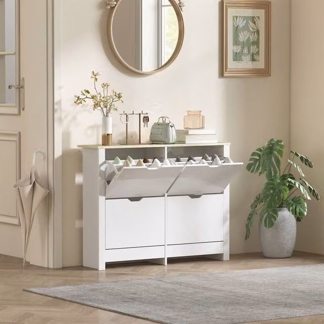 HOMCOM 16-Shoe Storage Cabinet with 4 Shelves and 4 Drawers in White – 1