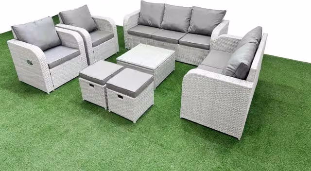Fimous PE Rattan Garden Furniture Set in Light Grey with 2 Seater Sofa, Coffee Table and 2 Ottomans