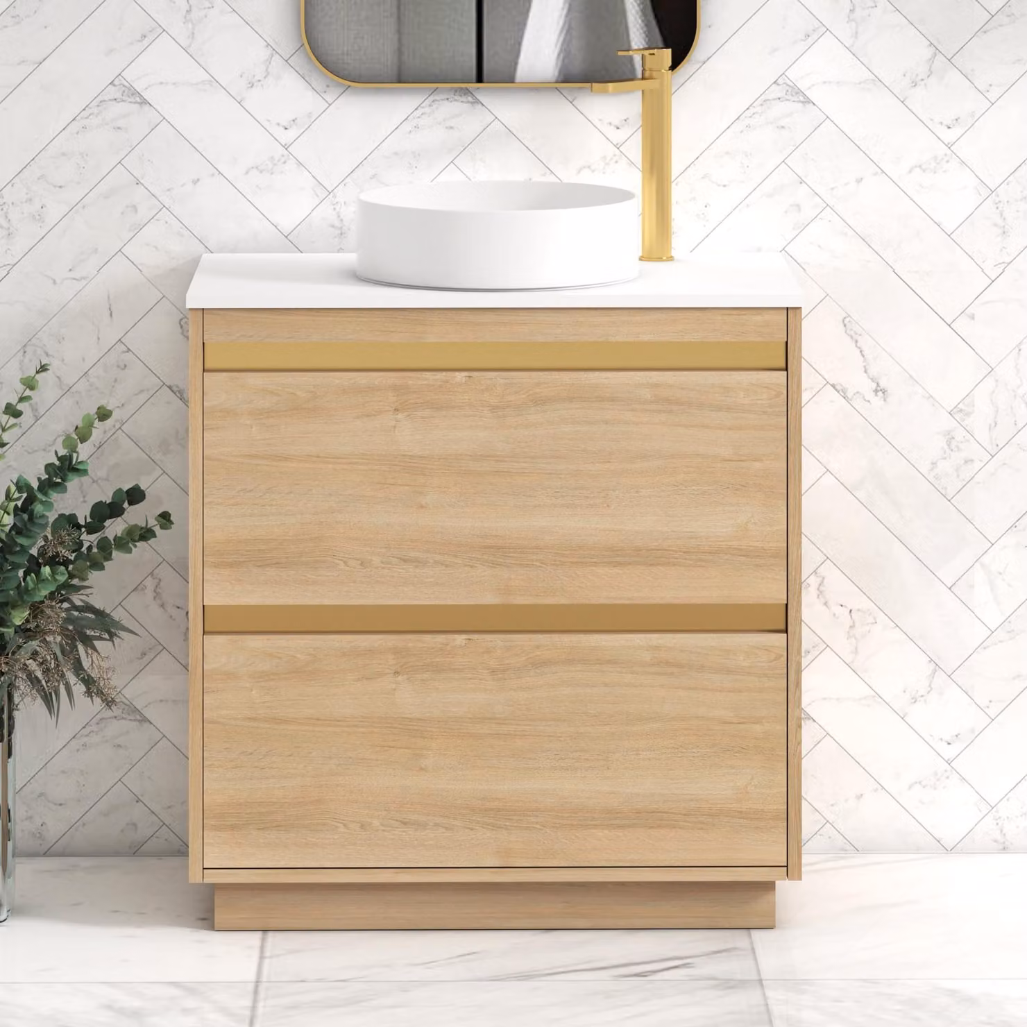 Royal Bathrooms Orion 800mm Natural Oak Floor Standing Bathroom Vanity Unit with 2 Drawers, Plain White Undrilled Worktop and Brushed Brass Accent Trim