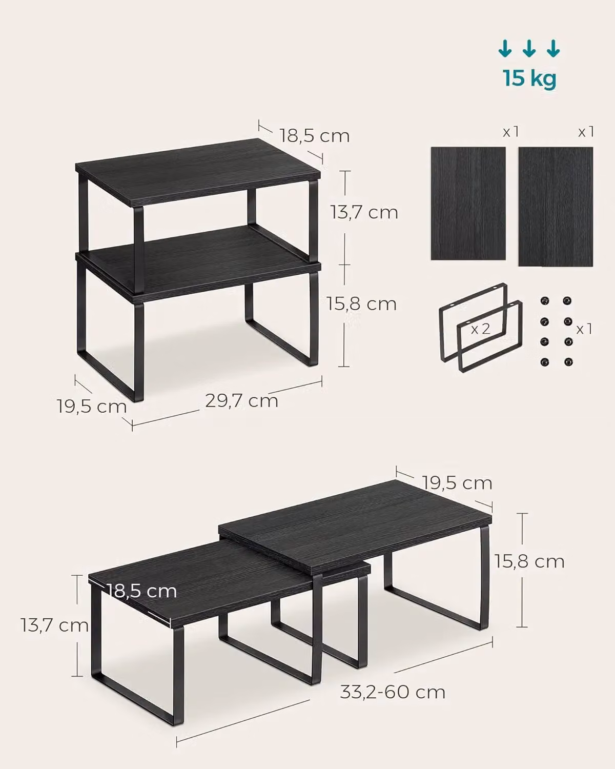 SONGMICS Expandable Stackable Cupboard Spice Rack Set of 2 Kitchen Organisers in Black – 2