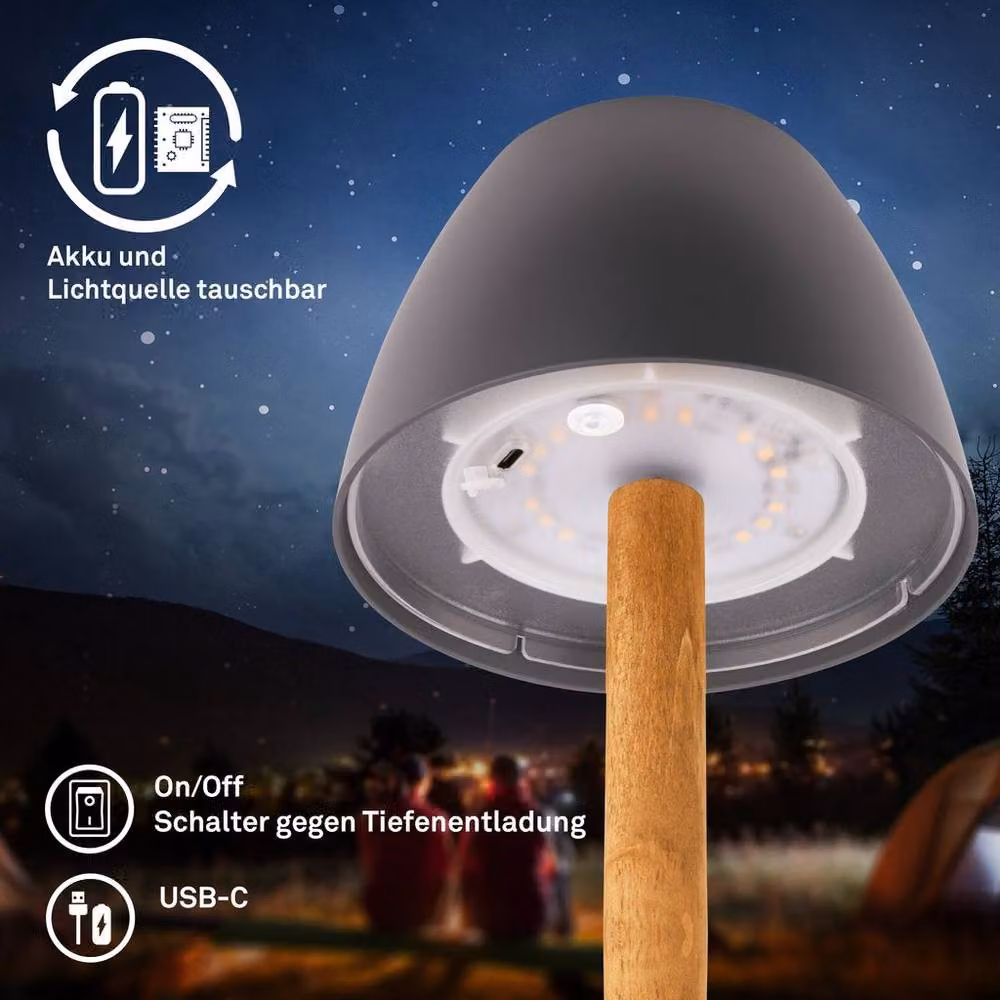 Briloner Rechargeable LED Table Lamp with Touch Dimming, IP44 Waterproof, Anthracite Wood, H 30 cm x W 13.5 cm – 6