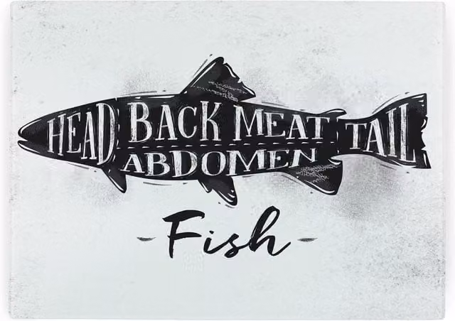Purely Home Fish Diagram Rectangular Textured Glass Worktop Protector and Chopping Board in Black and White