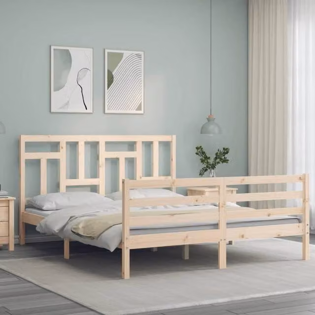Berkfield Home Beautiful Bed Frame with Headboard in Natural Solid Pine, W/D/H: 160 x 200 x 165.5 cm – 1