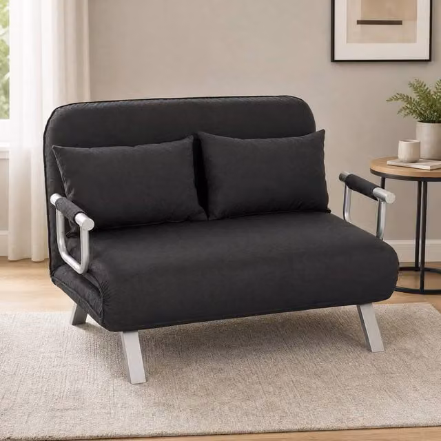 STILVORA Two-Seater Click-Clack Sofa Bed in Grey with Adjustable Headrest and Metal Frame