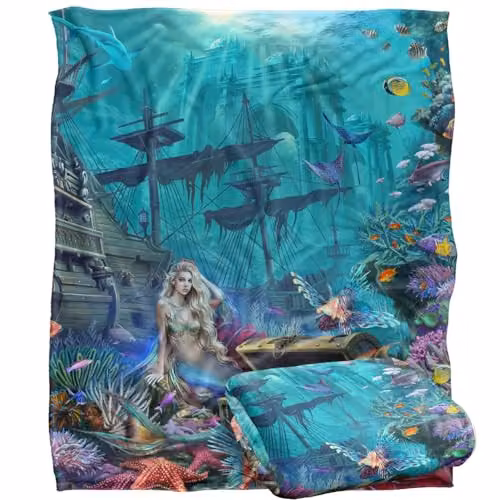 JQ Licensing En Aquatic Realm Mermaid Silky Touch Super Soft Fleece Throw Blanket in White, W/D/H: 152 x 127 cm – 1