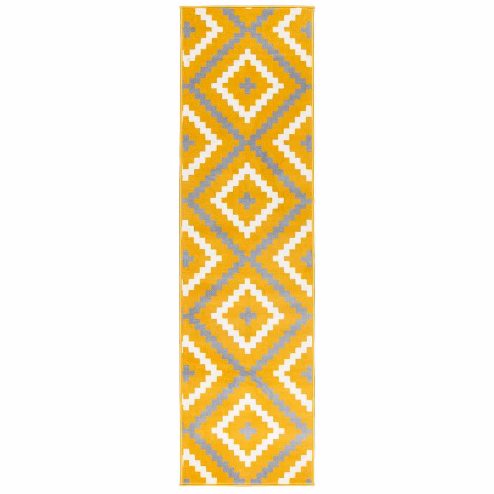 Bravich LTD Modern Geometric Tile Hallway Runner Rug, Non-Slip Low Pile Polypropylene, Yellow, W: 60 cm, L: 240 cm – 3