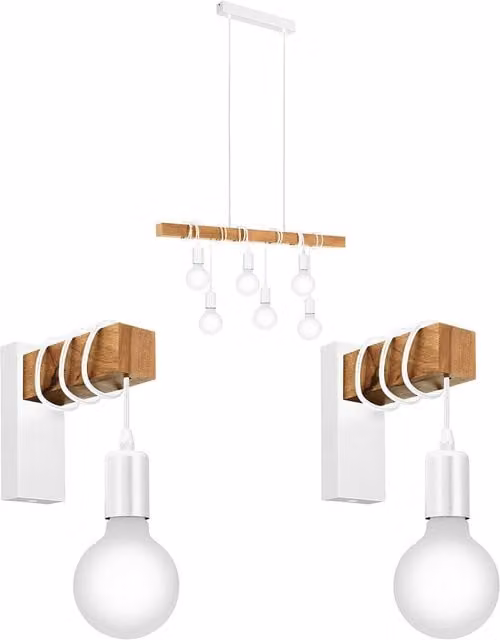 Loops Multi Bulb Ceiling Pendant Light and 2x Matching Wall Lights in White and Wood