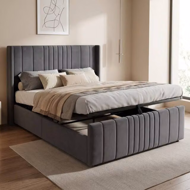 STILVORA Grey Velvet Upholstered Double Ottoman Bed with LED Under-Bed Lighting and Lift-Up Storage, W/D/H: 140 x 200 cm
