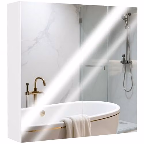 HOMCOM White Wall Mounted Bathroom Mirror Cabinet with Hinged Doors and Internal Shelves, W: 60 cm, H: 60 cm, D: 15 cm