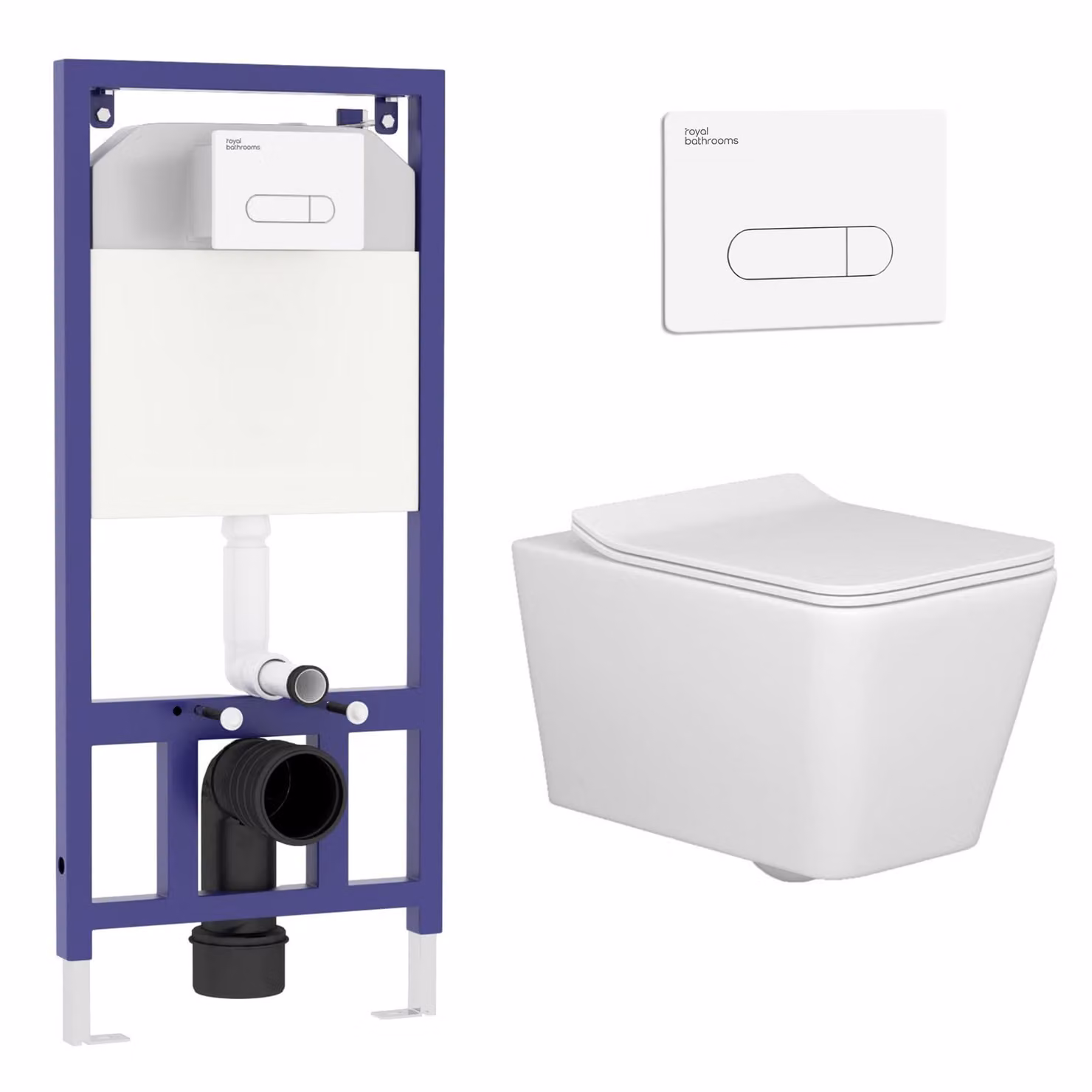 Royal Bathrooms Elena White Ceramic Wall Hung Rimless Toilet with Slim Soft Close Seat and Aqua Wall Hung Frame