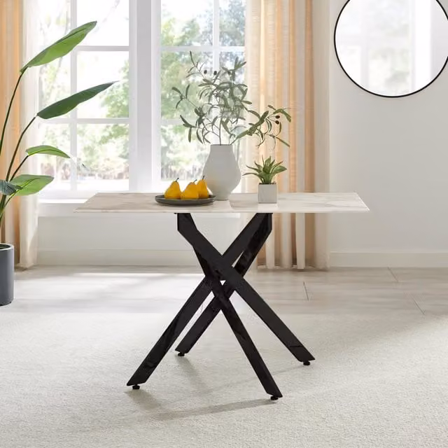 FurnitureboxUK Leonardo 4-Seater Rectangular Dining Table with White Marble Effect Glass Top and Black Metal X-Frame Legs