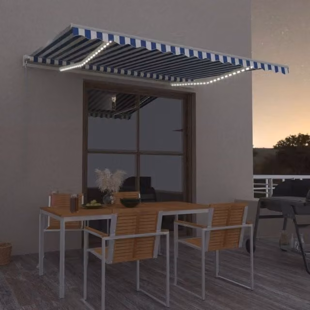 Berkfield Home Manual Retractable Awning with LED, Blue and White Striped Polyester, W: 400 cm, D: 350 cm – 1