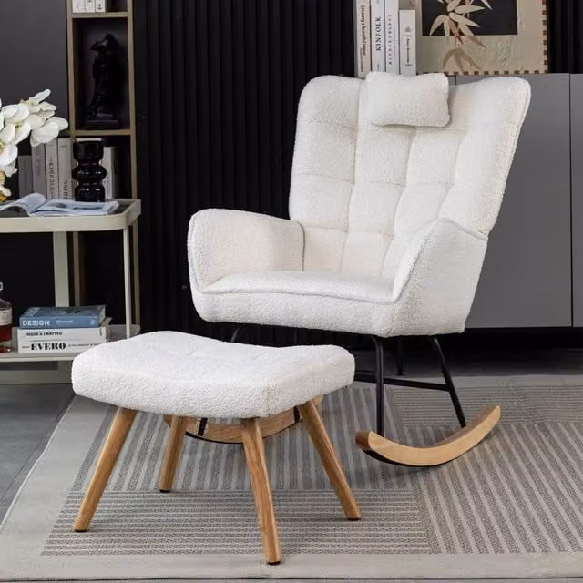 Matteo White Fabric Rocking Chair with Ottoman and Neck Pillow – 1