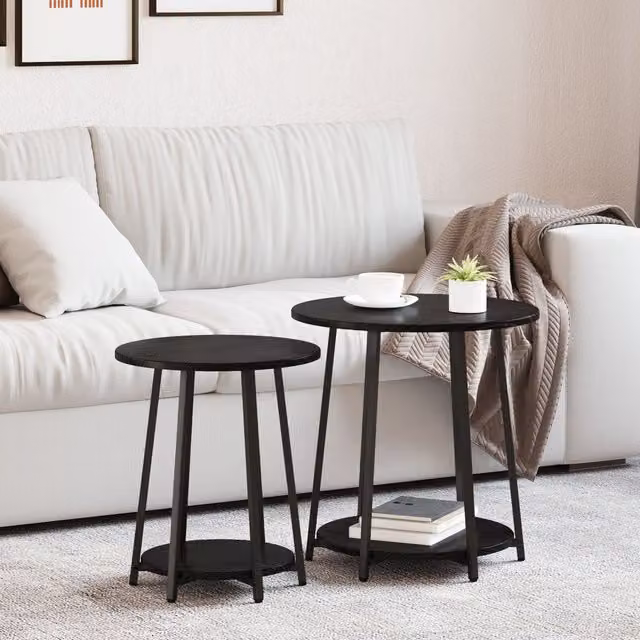Berkfield Home Set of 2 Modern Round Side Tables in Black Oak and Metal