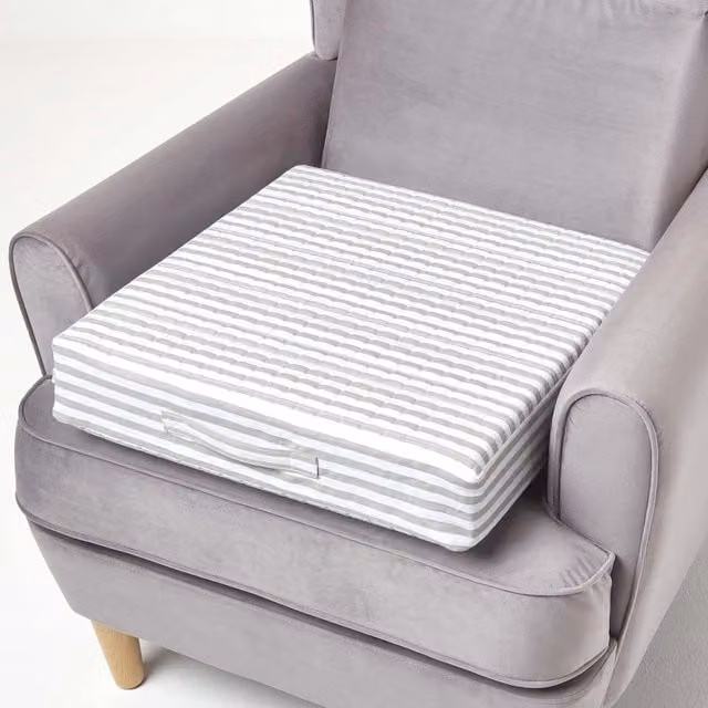 Homescapes Striped Quilted Armchair Booster Cushion with Removable Cotton Cover in Grey Stripe