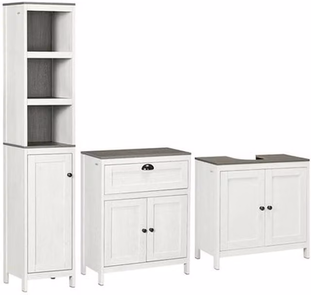 NESTLUNE Bathroom Furniture Set in Antique White with Tall Cabinet, Side Cabinet, Vanity Unit and Adjustable Internal Shelves