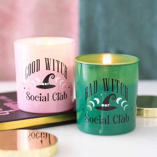 Uniqueful Set of 2 Good Witch and Bad Witch Scented Glass Pillar and Votive Candles in Pink and Multicolour with Fruity Fragrance – 1