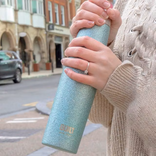 BUILT Apex Vacuum Insulated Stainless Steel Water Bottle, 540ml, Blue Aqua Glitter