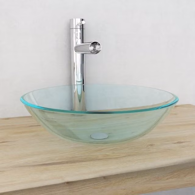 Berkfield Home Round Tempered Glass Countertop Basin, Transparent and Silver, Diameter: 42 cm, Height: 13 cm