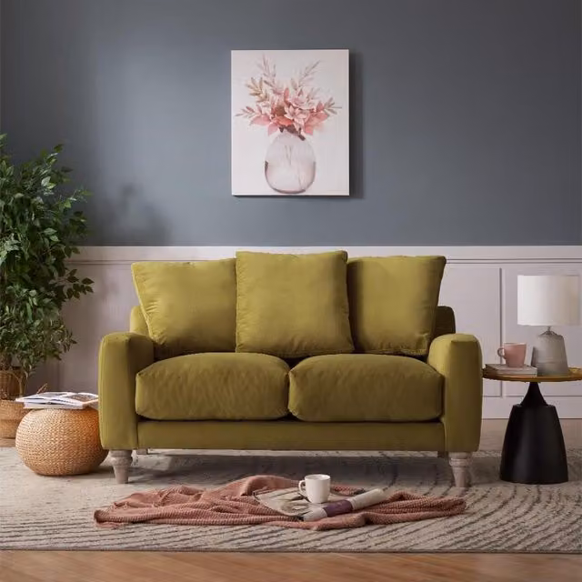 Grove Sofa with Scatter Back Cushions in Olive Green Velvet with Feather Filling