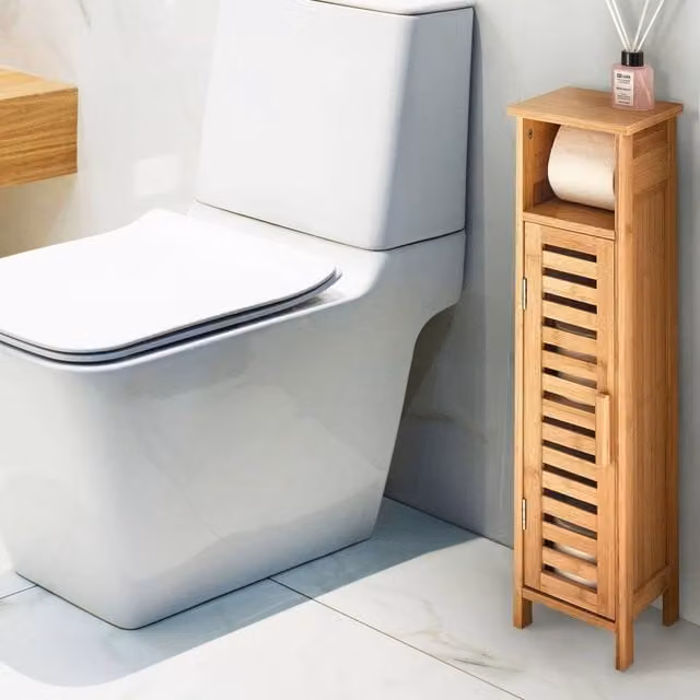 Wyld and Coco Light Brown Bamboo Wall Mounted Toilet Paper Cabinet with Internal Shelves and Hinged Doors