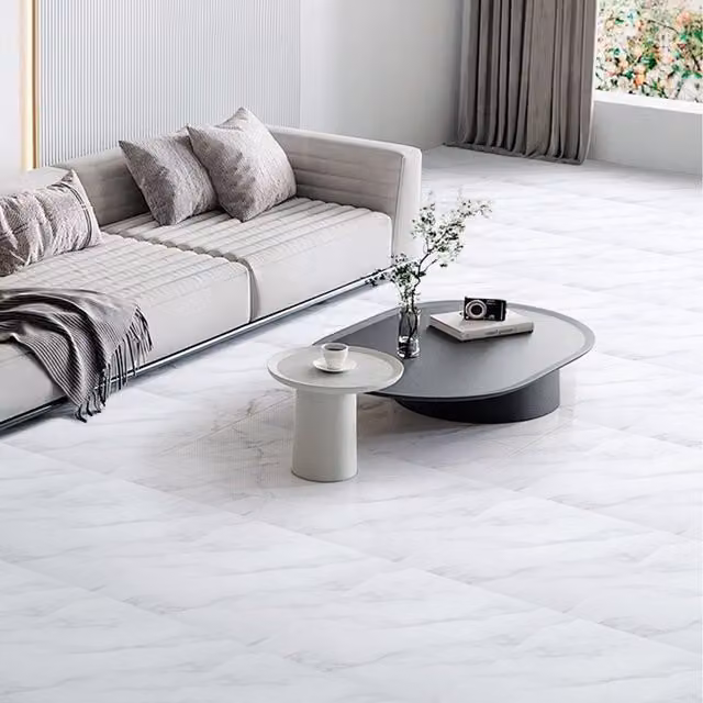 Livingandhome 10-Piece Self-Adhesive White Marbled Stone-Look PVC Floor Tiles