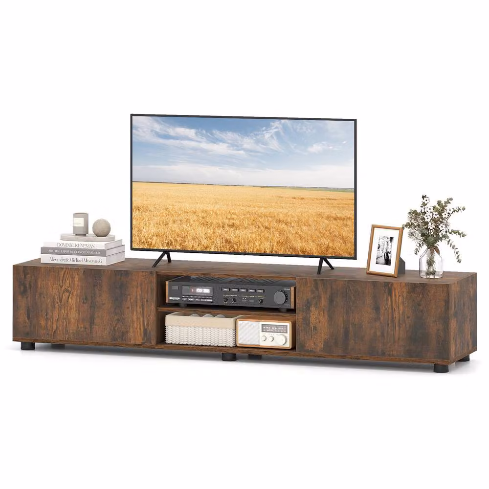 Costway Modern Minimalist TV Stand Entertainment Centre with 2 Doors in Brown – 4