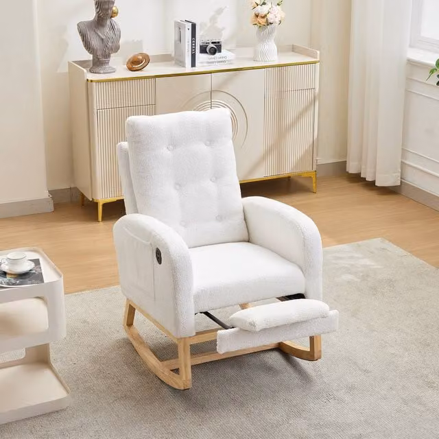 BTM White Teddy Bouclé Rocking Chair with USB Nursing Glider and Footrest – 1