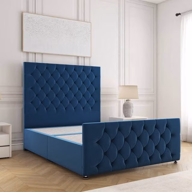 BSSPOKE Maya Divan Bed Set with 54 inch Headboard in Blue Plush Velvet, Small Double, W/D/H: 120 x 200 cm