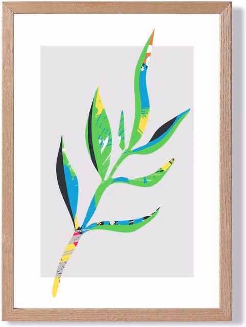 ARTZE Papyrus Leaf Blue and Green Abstract Minimalist Framed Print with Oak Frame