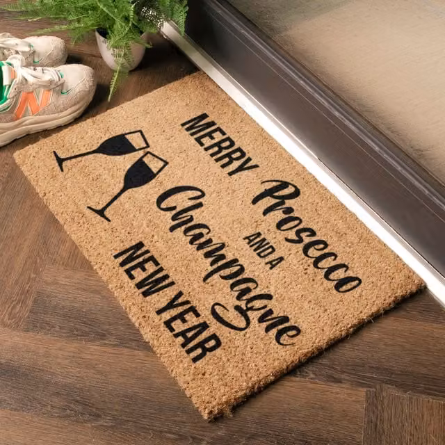 Artsy Mats Merry Prosecco And Champagne New Year Brown Non-Slip Weatherproof Coir and Rubber Doormat