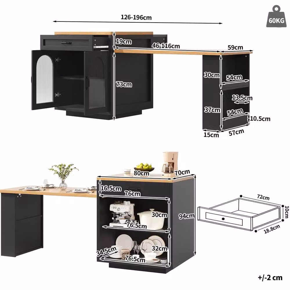 ModernLuxe Extendable Kitchen Island with LEDs and 2 Drawers in Black – 6