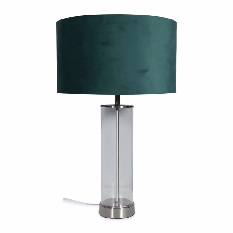 ValueLights Balan Glass and Brushed Chrome Table Lamp with Green Velvet Drum Shade and Included LED Bulb