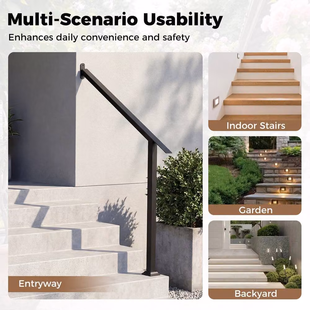Gymax Adjustable 4-Step Wall Mounted Outdoor Stair Handrail in Black Galvanised Steel – 4
