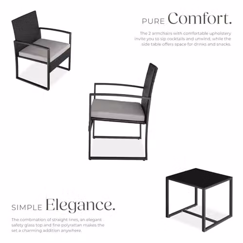 tectake 3 Piece Rattan Bistro Set with Glass Top and Metal Frame in Grey and Black – 4