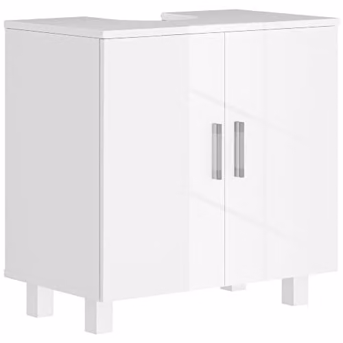 HOMCOM Modern High Gloss Under Sink Bathroom Cabinet with 2 Hinged Doors, White/Silver, W/D/H: 60 x 35 x 60 cm