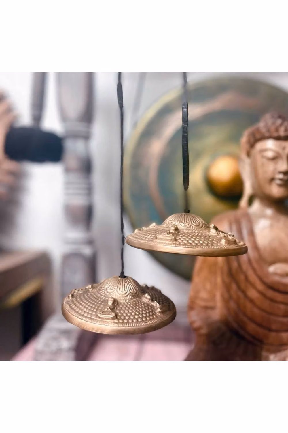 KDMD Tibetan Tingsha Bell Five Buddhas Meditation Cymbals, Gold, Diameter: 9.5 cm – 2