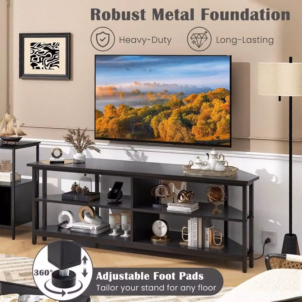 NESTLUNE Modern Black Metal Corner TV Stand with Media Compartments W/D: 100 x 15 cm – 5