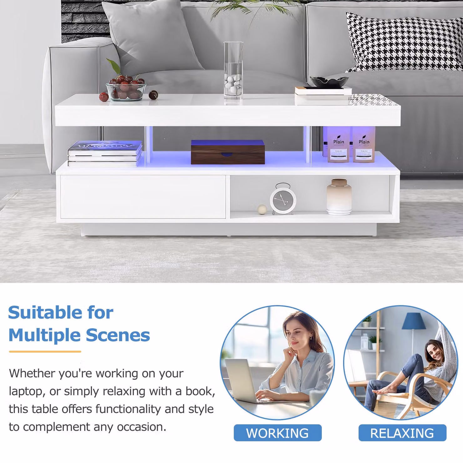 Aosom.UK Modern White High Gloss LED Coffee Table with 2 Drawers and 16-Colour LED Lights, W: 95 cm, D: 50 cm, H: 42.5 cm – 4