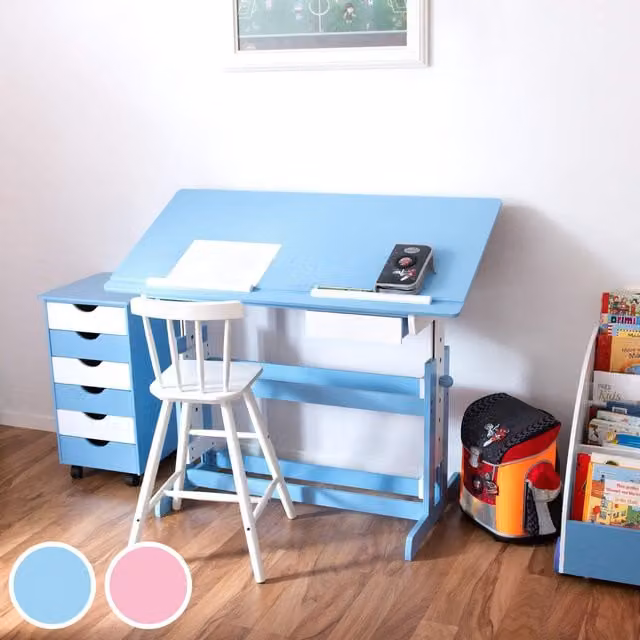 tectake Height-Adjustable Childrens Desk with Tilting Top and Filing Cabinet in Blue