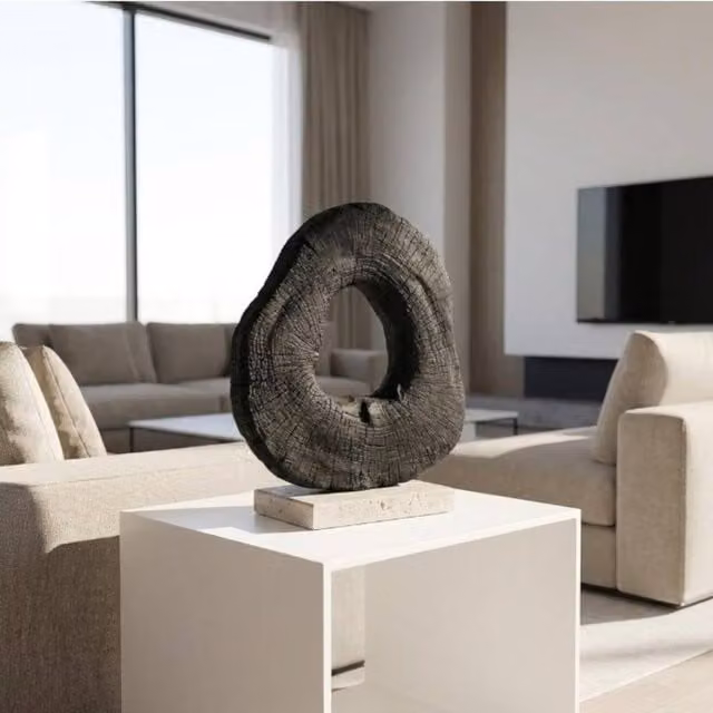 Garden Greatness Noire Abstract Mango Wood and Stone Tabletop Sculpture in Black and Multicolour, W/D/H: 28.0 x 28.0 x 25.0 cm – 1