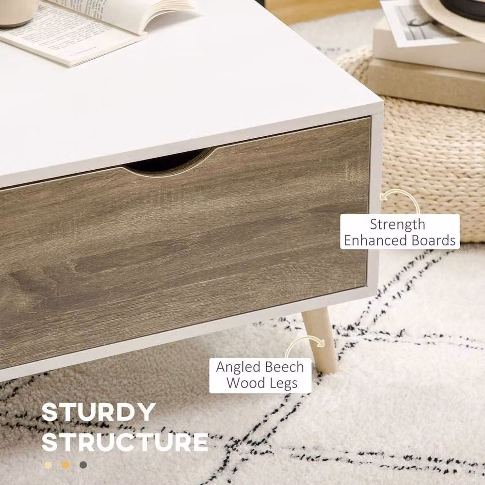 Kelvenix Modern White Coffee Table with Storage Shelves and 2 Drawers, W: 106 cm x D: 58 cm x H: 39.5 cm – 2