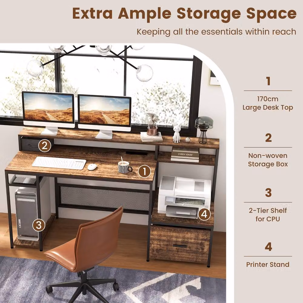 Costway Computer Desk with Monitor Stand and Power Outlets, Brown – 3