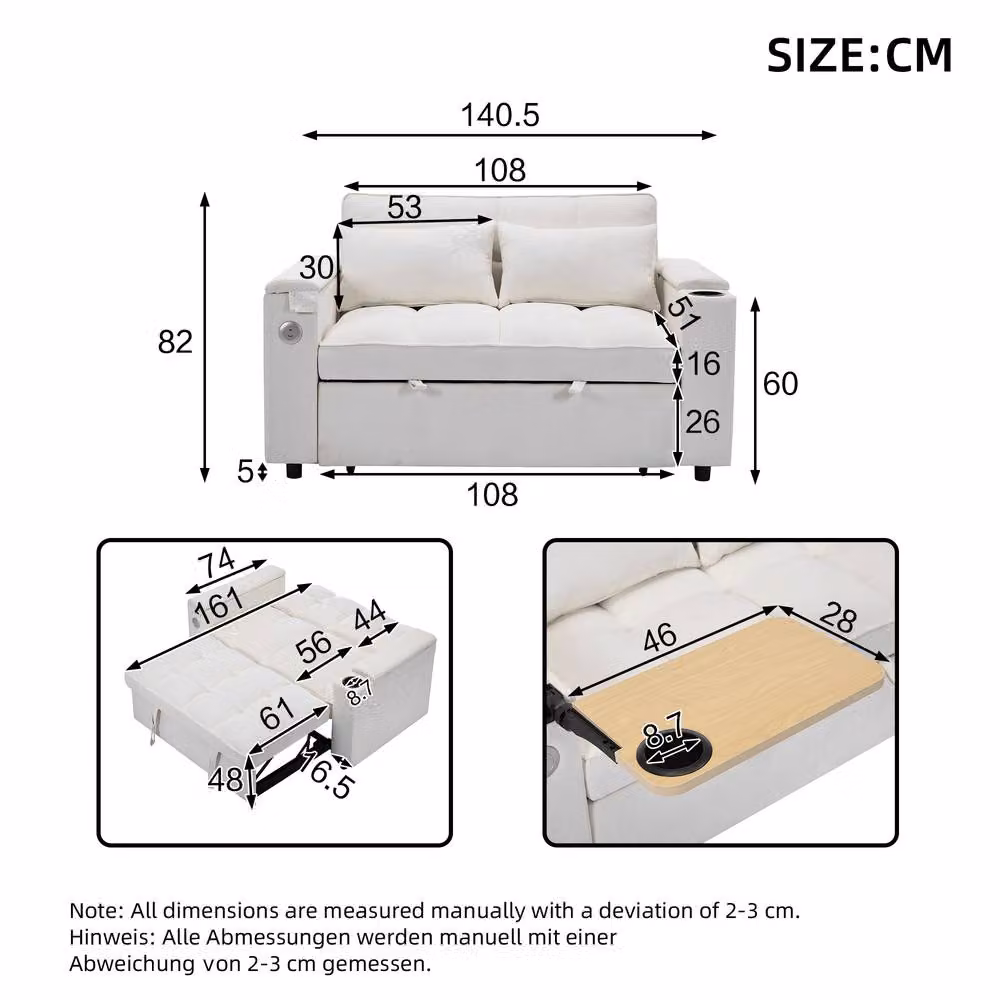 ModernLuxe 2 Seater Fabric Sofa Bed in White with Pull Out Drawer and Cup Holders – 2