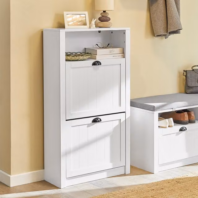 SoBuy Slim White Shoe Storage Cabinet with 2 Tilting Compartments and Metal Handles