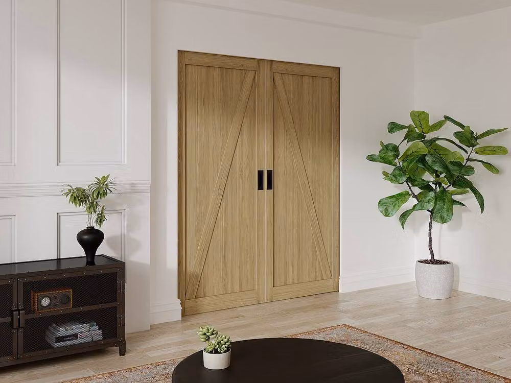 Vente-unique Double Sliding Door with Pocket System in Light Oak Wood and MDF – 2